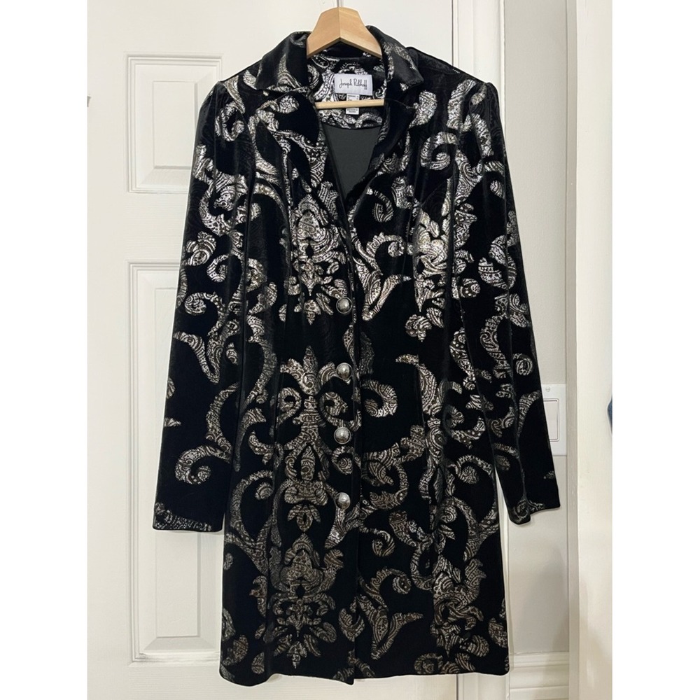Joseph Ribkoff Black Velvet Silver Metallic Damask Blazer Coat Jacket Womens 8